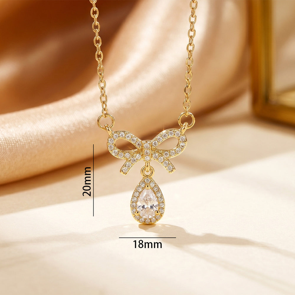 Popular popular smart sweet bow water drop necklace accessible luxury niche women's inlaid zirconium non-fading clavicle chain jewelry