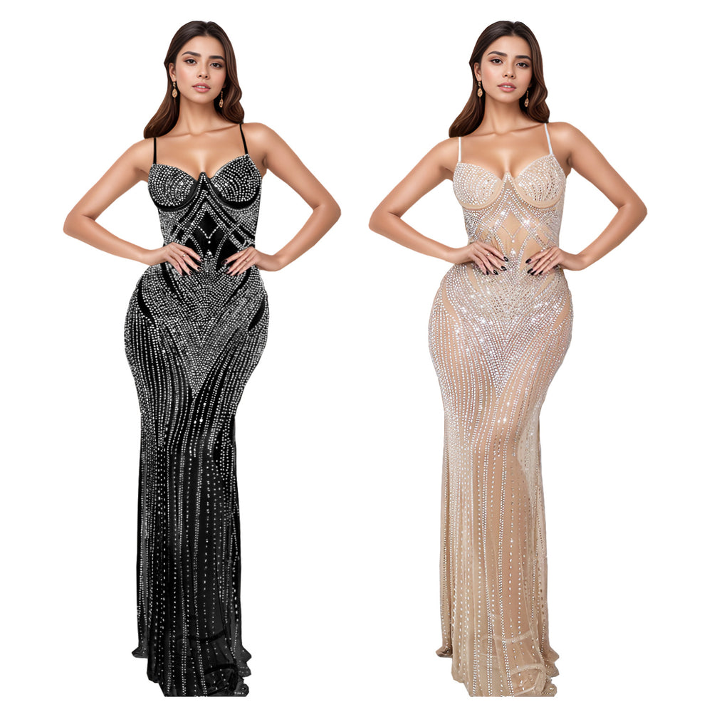 C7153 cross-border   fashion women's sleeveless bodycon rhinestone cami dress