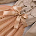 Girls' dress for toddlers and young children, featuring a collared, long-sleeved top paired with a mesh skirt
