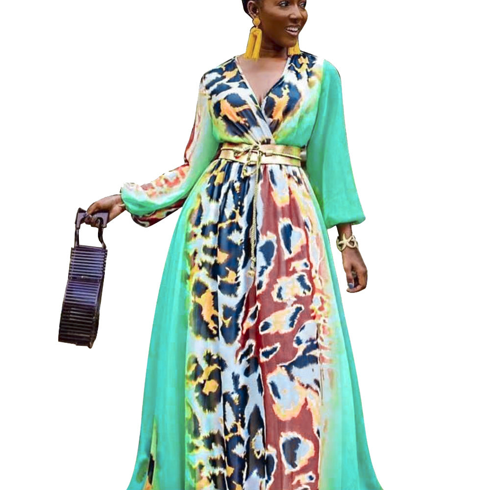 e-commerce  african plus size women's leopard print patchwork printed waist-cinching dress v-neck long sleeve belted