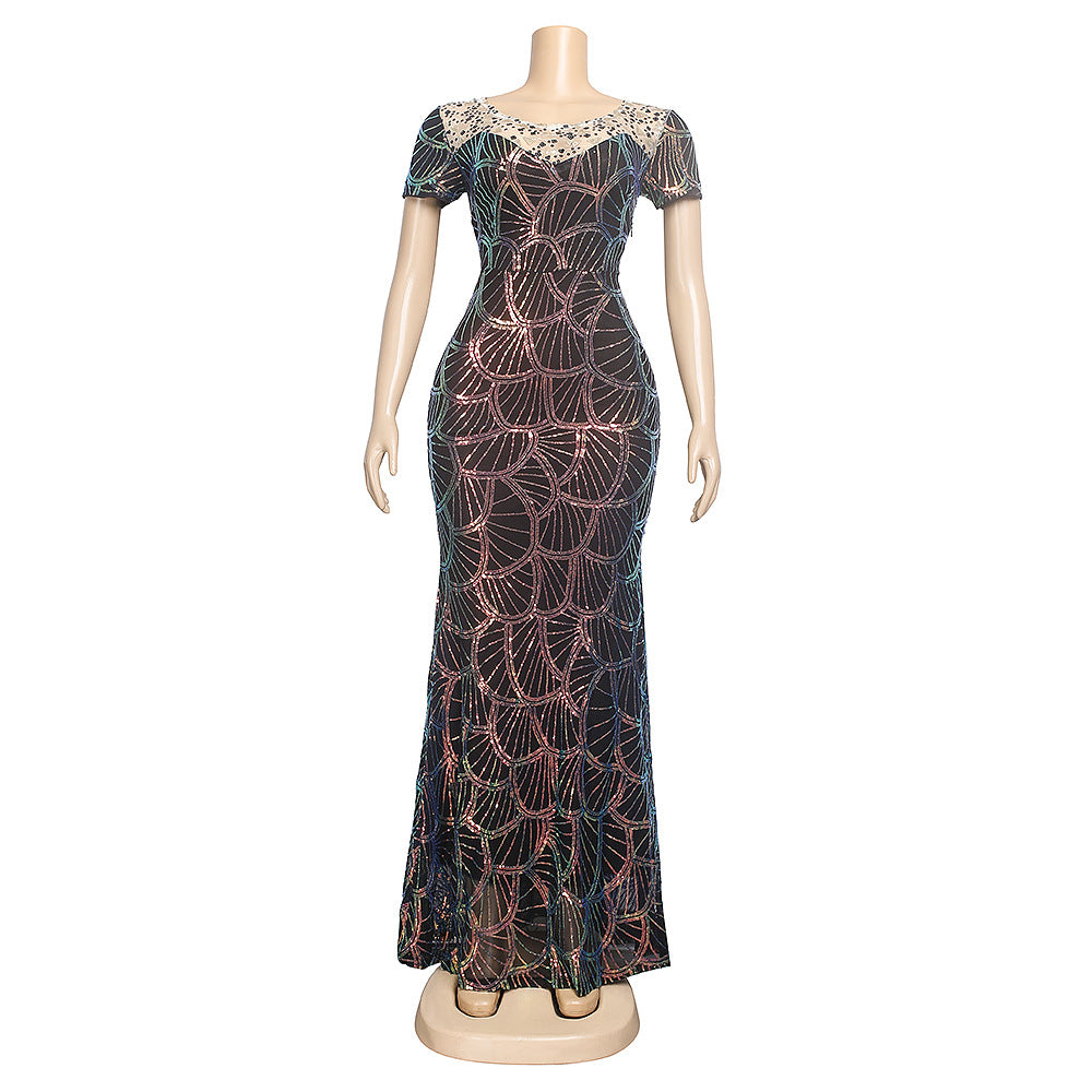 e-commerce: african , , round neck, elegant, private label, lace-trimmed, plus-size women's dress