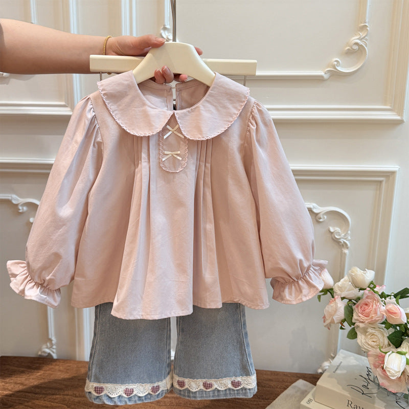 Spring new girls' long-sleeve shirt, korean style casual fashion blouse for baby girls, stylish children's top, trendy kids' clothing