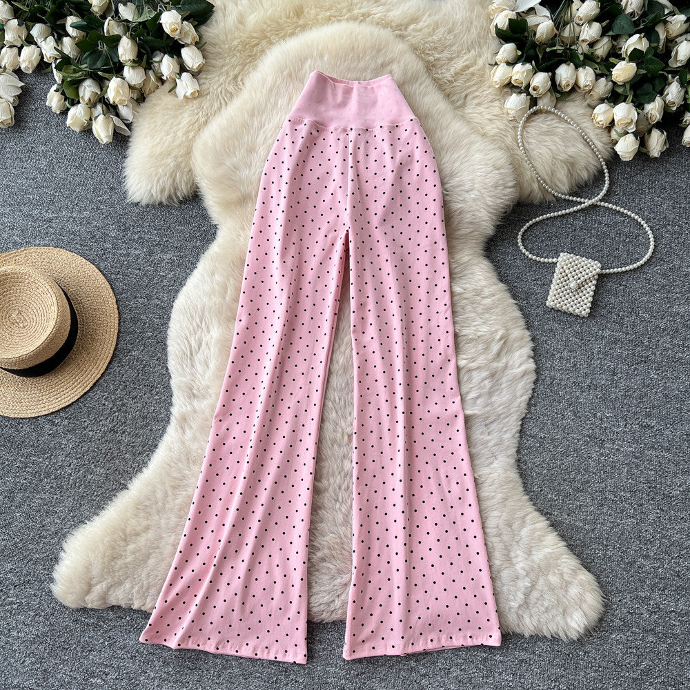 K-style high waist polka dot work clothing style casualstraight-leg pants women's summer lazy style elastic waist slimming lookelegantcasual pants