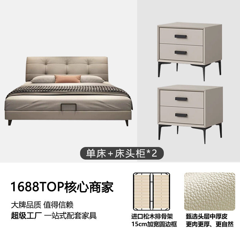Puff fairy italian normcore genuine leather bed master bedroom cream style soft bag wedding bed classy first layer cowhide double bed