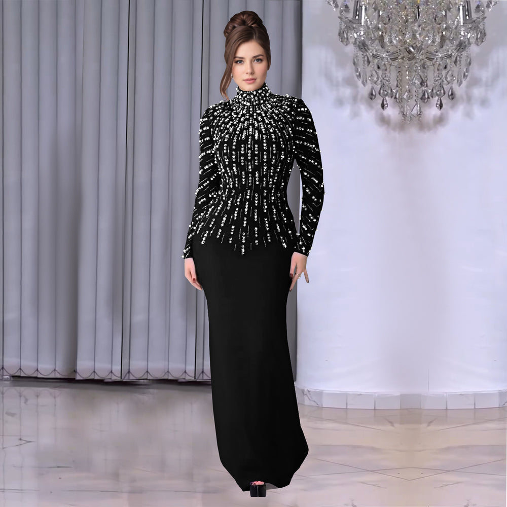 C7379 cross-border   fashion women's elegant long-sleeve beaded and rhinestone arm-covering dress