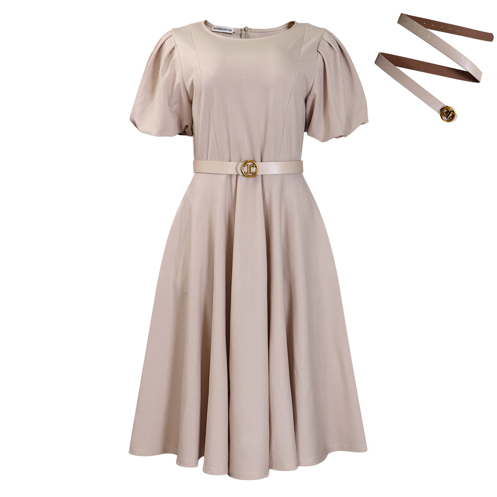 C8601 cross-border women's fashion: european & american  style - round neck, elegant, figure-flattering, a-line dress with puff sleeves and a flowy skirt