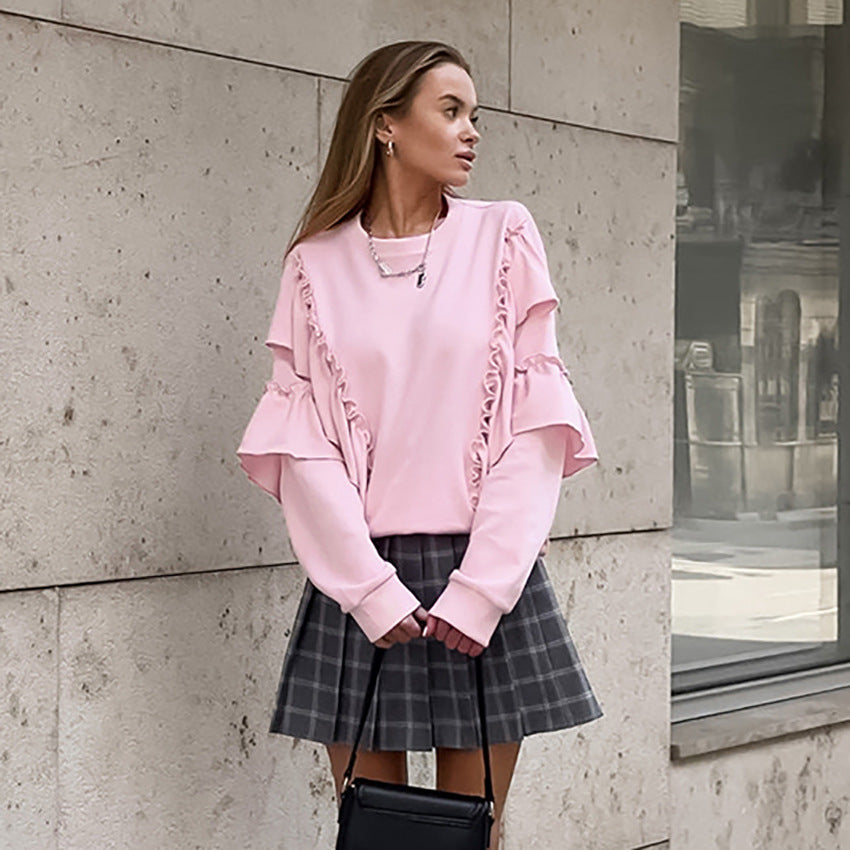 Design ruffle edge American sweater 2025 spring street pink round neck long sleeve pullover loose women's clothing