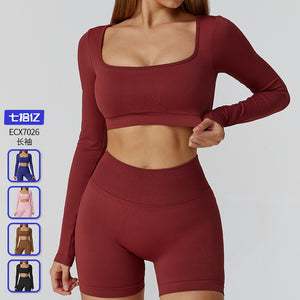 slim-fit seamless yoga wear cut out beautiful back yoga long sleeves women's classy sports running fitness wear 7026
