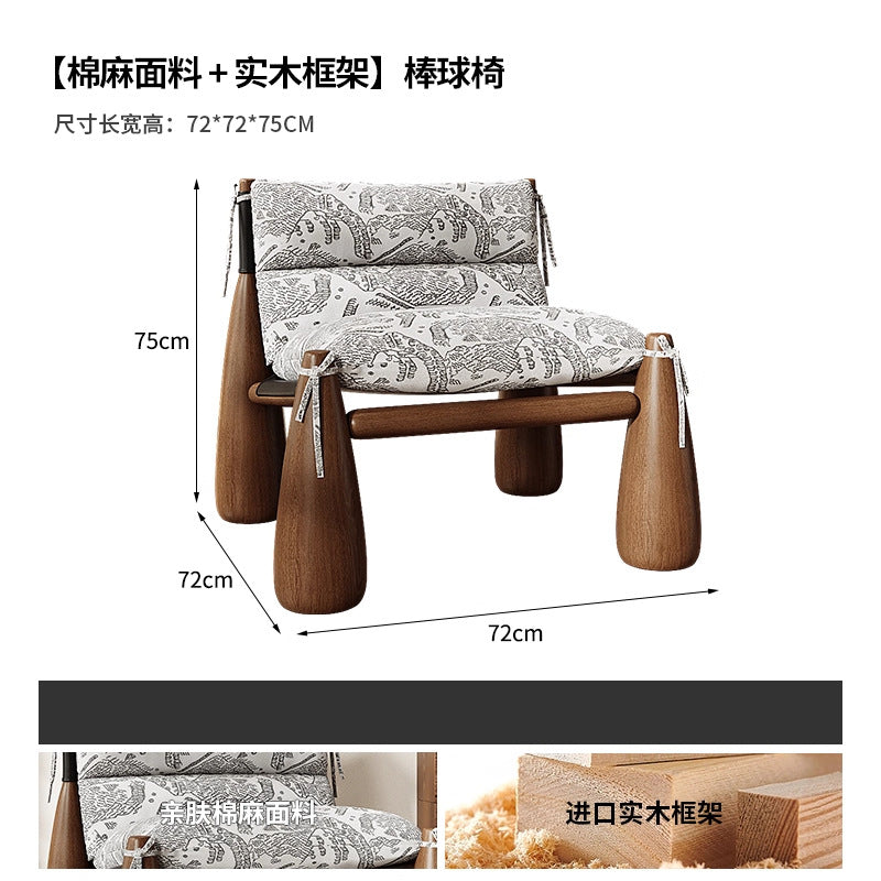 Solid wood designer baseball chair - striped fabric accent chair for living room - premium single sofa chair