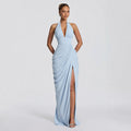 Amazon  new arrival: halter neck v-neck sexy bodycon dress - vertical pleated tie-up backless slit dress for women