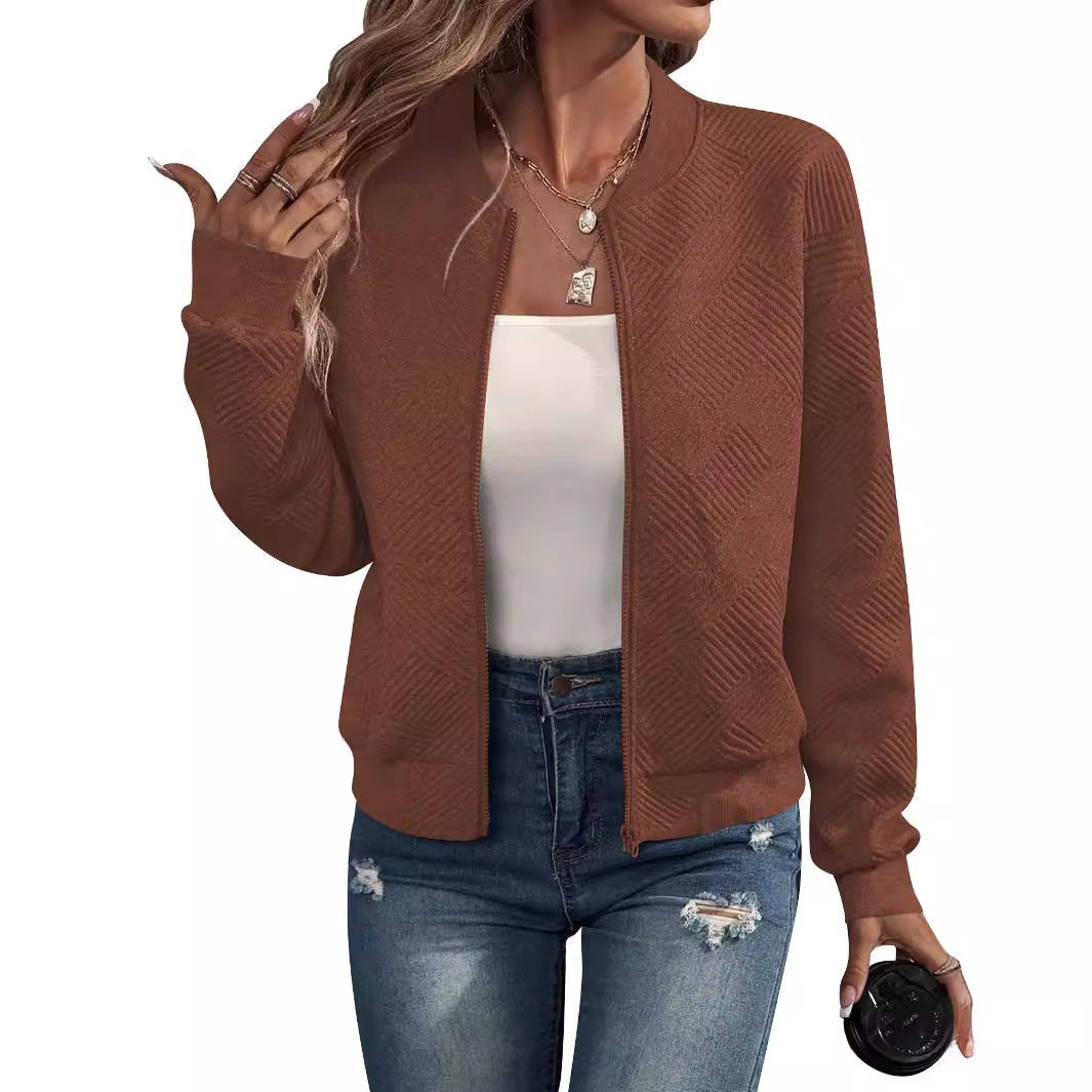 2025  Europe and the United States  autumn and winter new solid color zipper jacket baseball collar casual jacket women