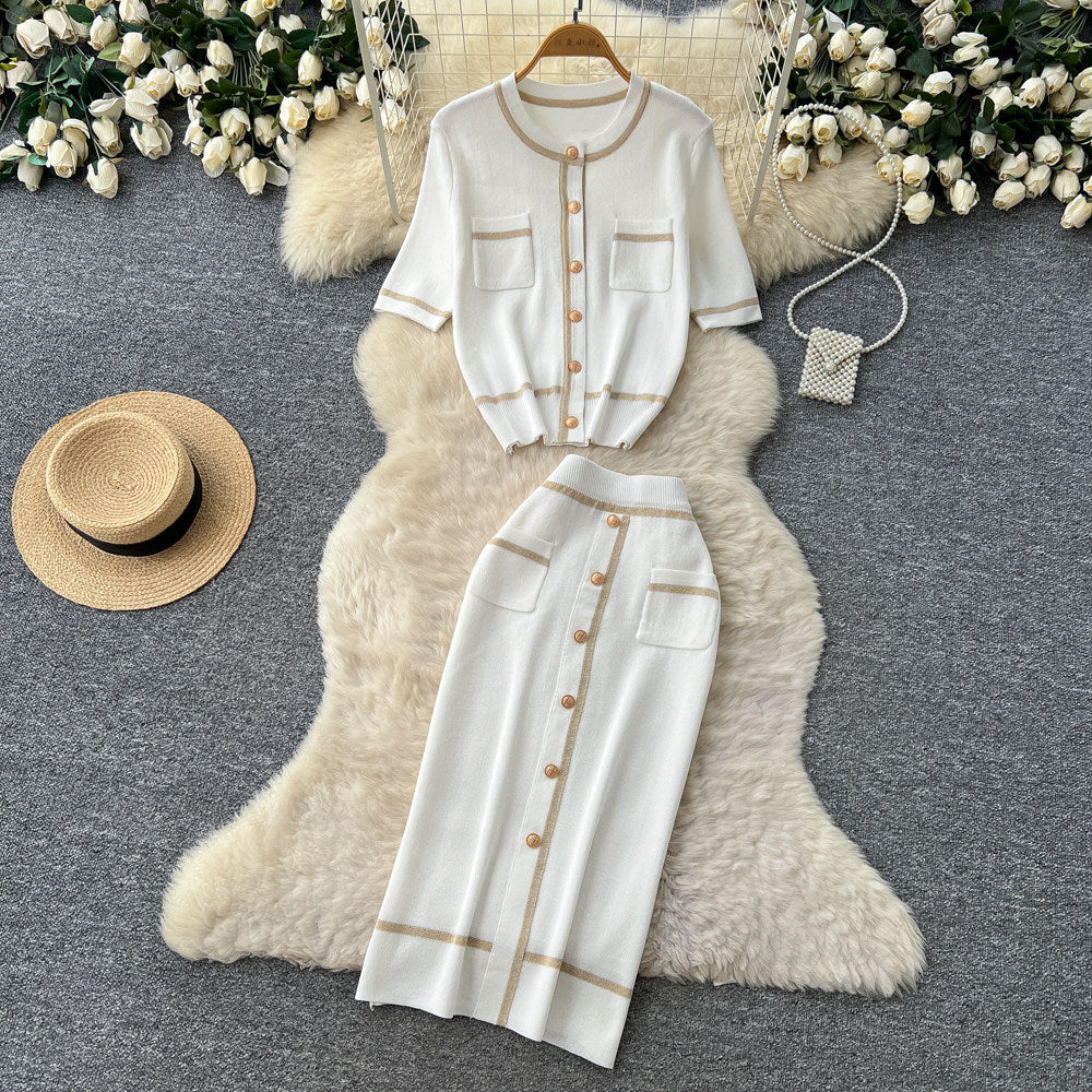 French chic knit cardigan and midi skirt set - women's summer short sleeve casual and elegant height-enhancing outfit