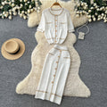 French chic knit cardigan and midi skirt set - women's summer short sleeve casual and elegant height-enhancing outfit