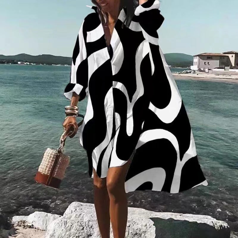 exportfashionplus size women's loosenew arrivaldigital printinglong sleeves lapel shirtdress