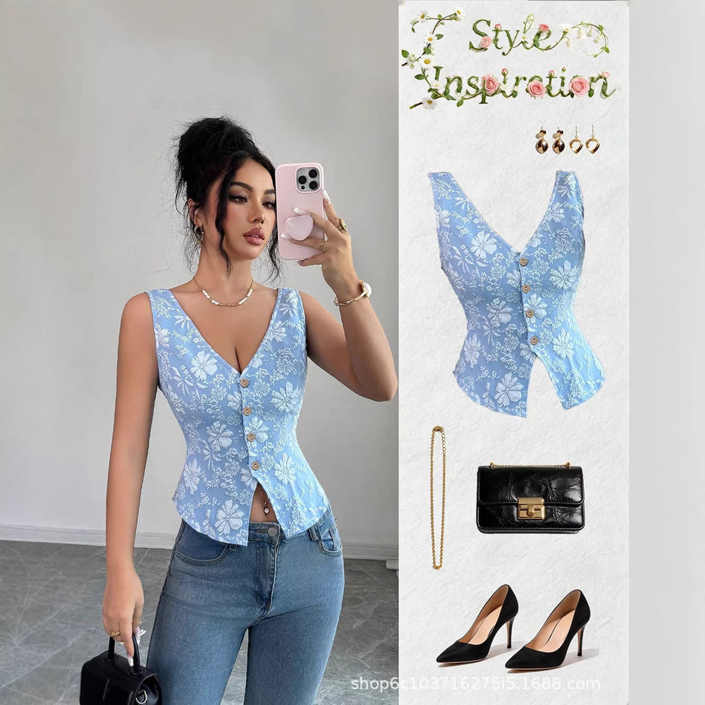 european and american women's clothing  summer new arrivals: v-neck sleeveless floral print bodycon dress - slim fit, figure-flattering, hot girl style, jacquard floral design