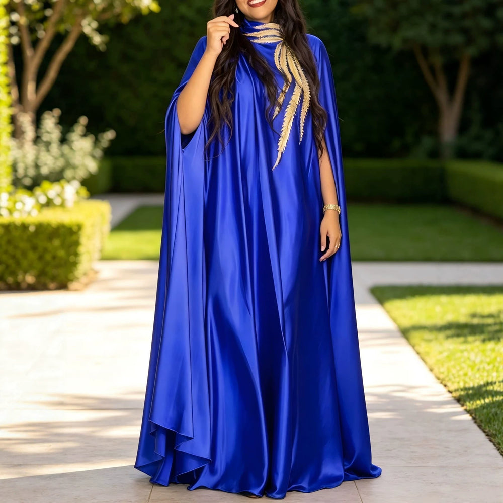 African new solid color cape sleeve banquet dress satin embroidered applique wedding robe gown bubudress