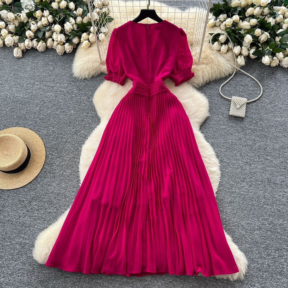 Frenchclassyelegantv neck puff sleeves stereo flower waist pleated dress female summer slimming lookelegant long skirt