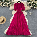 Frenchclassyelegantv neck puff sleeves stereo flower waist pleated dress female summer slimming lookelegant long skirt