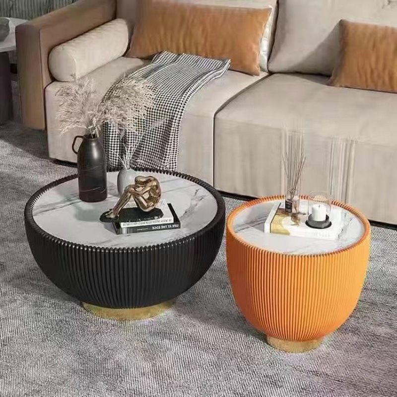 Nordic light luxury coffee table modern living room table small apartment size combination round rock slab leather creative bowl coffee table