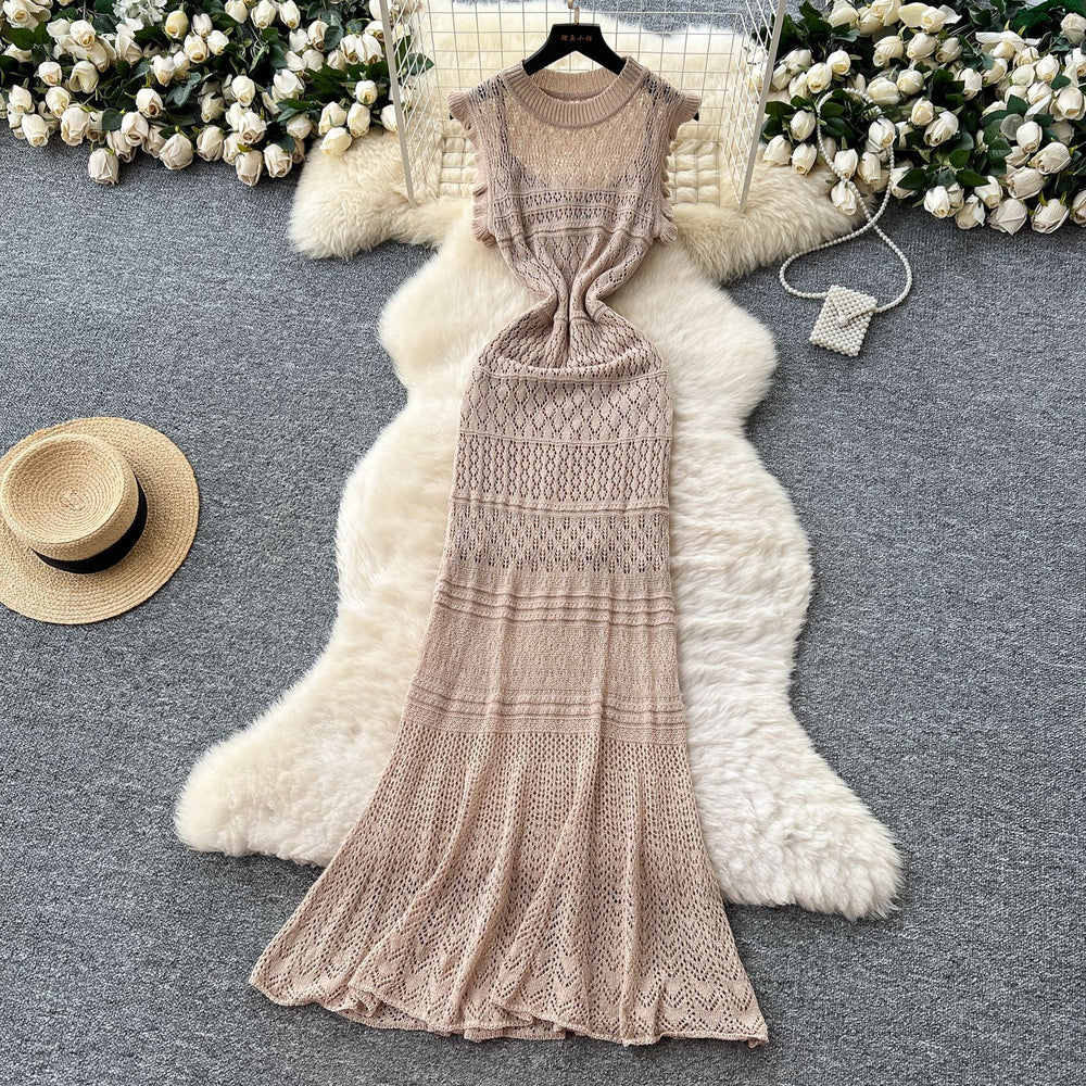 Korean style women's summer dress: soft & chic color block, flutter sleeves, cinched waist, slim fit, openwork crochet knit dress