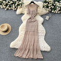 Korean style women's summer dress: soft & chic color block, flutter sleeves, cinched waist, slim fit, openwork crochet knit dress
