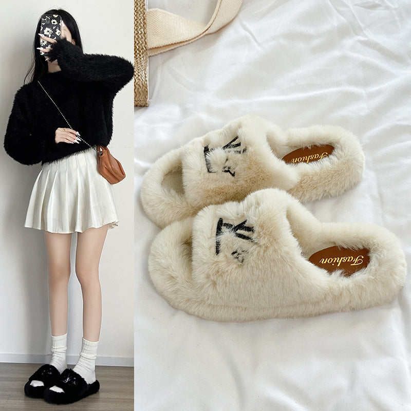 Embroidered trendy slippers for women, autumn/winter new arrivals, versatile retro comfort, fuzzy slippers, korean style cotton slippers