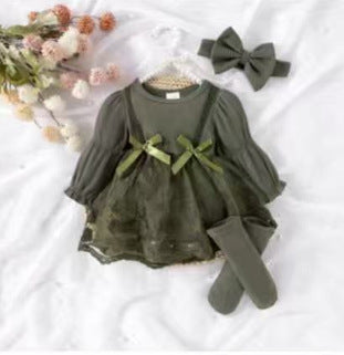 Children's clothingautumnew arrivalgirldress pure colorstripeslong sleeves mesh skirt