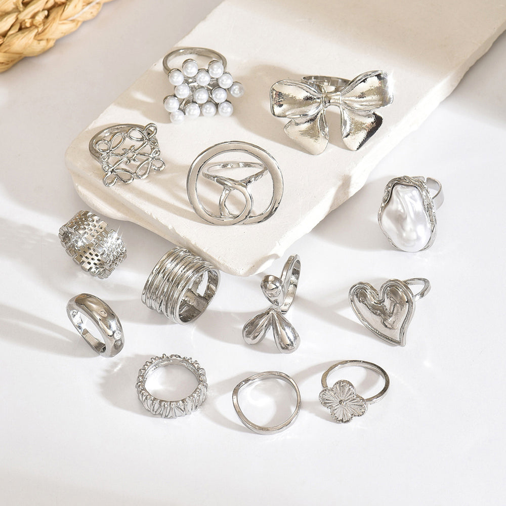 Women's ring set wholesale - european & american cross-border faux pearl jewelry - vintage, light luxury, high-end heart & bowknot finger rings