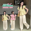 Girls' flutter sleeve outfit -  summer new fashion, stylish two-piece set for little girls, wide-leg pants for toddlers and young children
