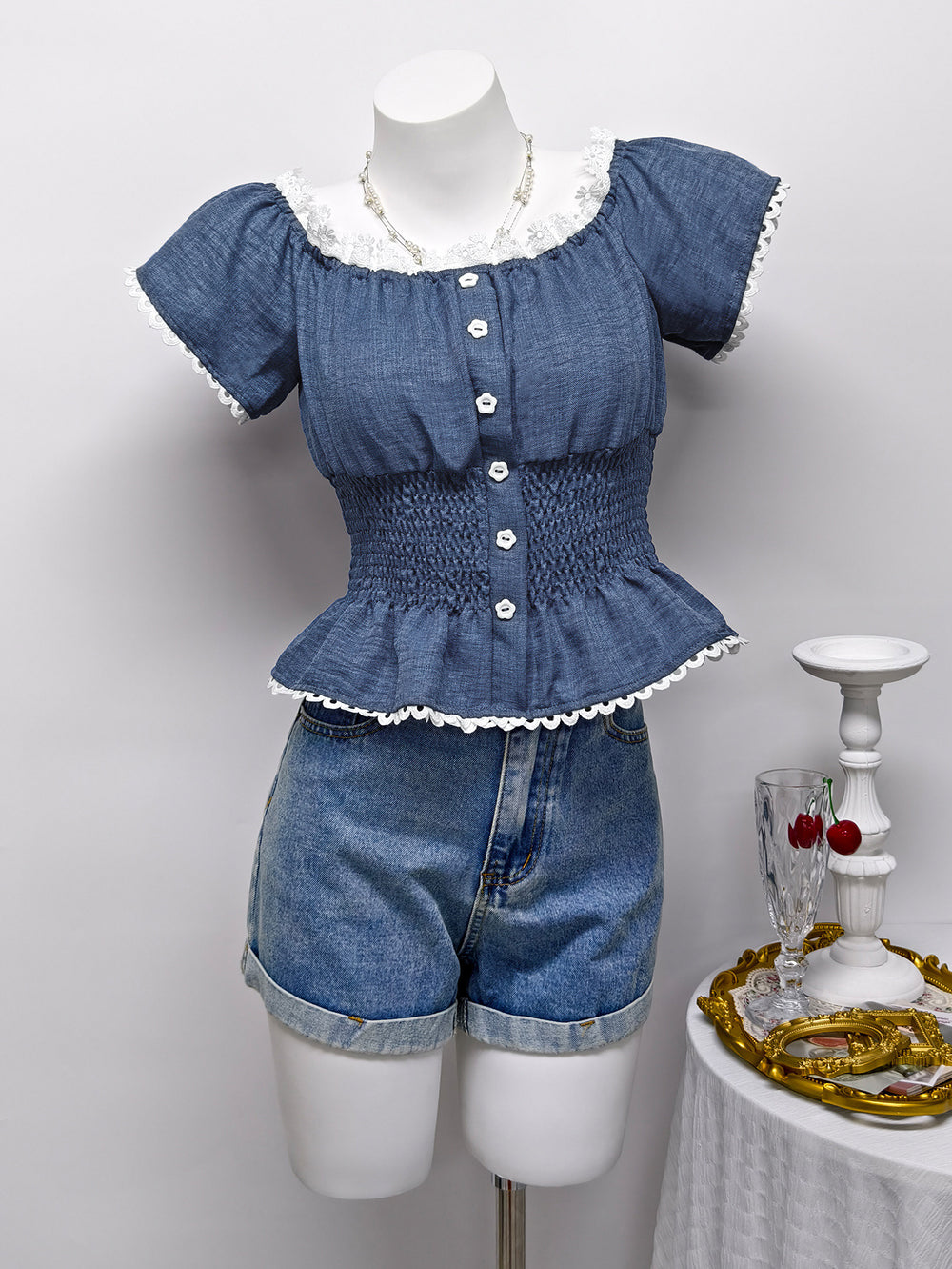 Ready stock - 195051# european and american export cross-border niche beautiful unique puff sleeve women's slim-fit flattering blouse