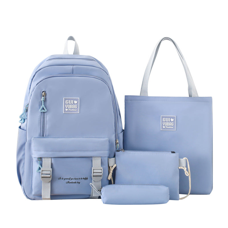 New student schoolbag solid color simple backpack women's large-capacity student four-piece set multi-functional schoolbag tote bag