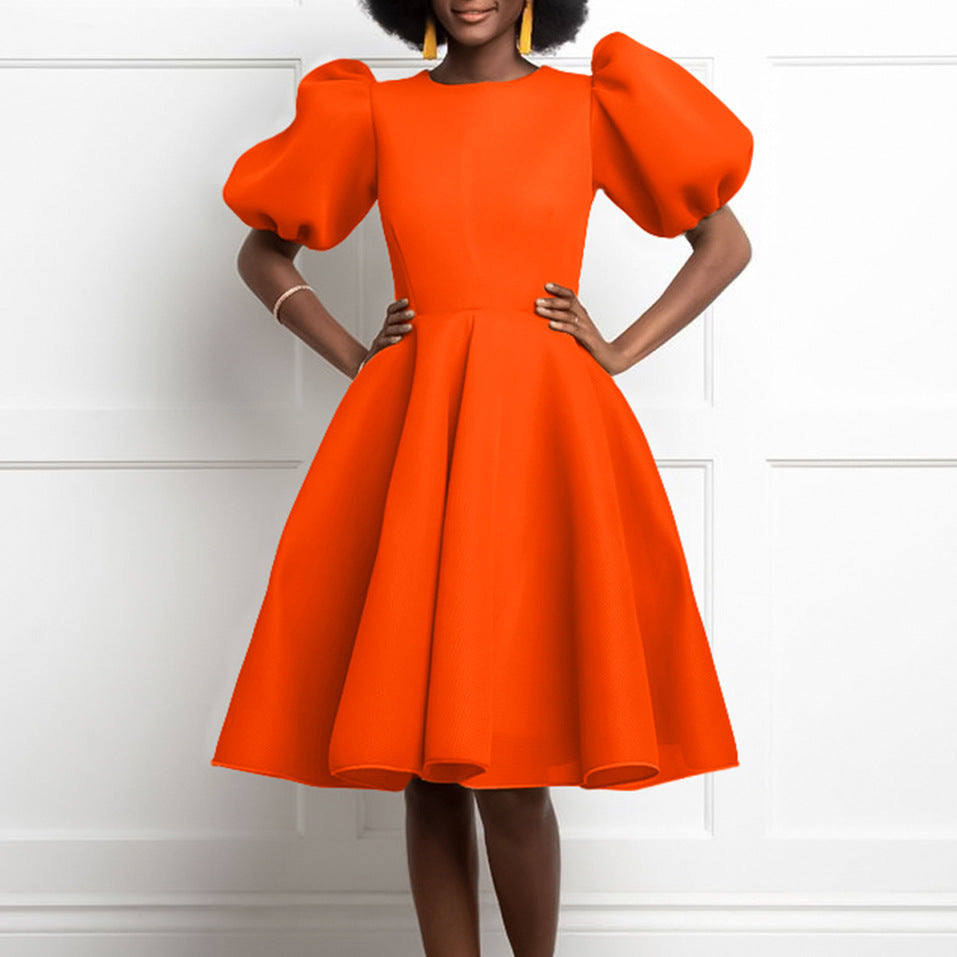 women's summer  round neck fashionable elegant bubble sleeve cinched waist a-line midi dress - western style