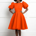 women's summer  round neck fashionable elegant bubble sleeve cinched waist a-line midi dress - western style