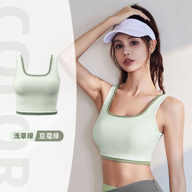 Juyitang high elastic color matching rimmed sports underwear gathers to show breasts and large breasts, shockproof yoga bra