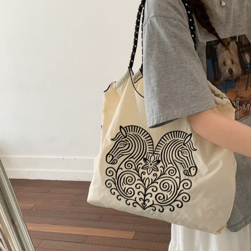 Casual women's shoulder & crossbody bag - large capacity shopping tote - nylon canvas bag - spring handmade printed fabric bag