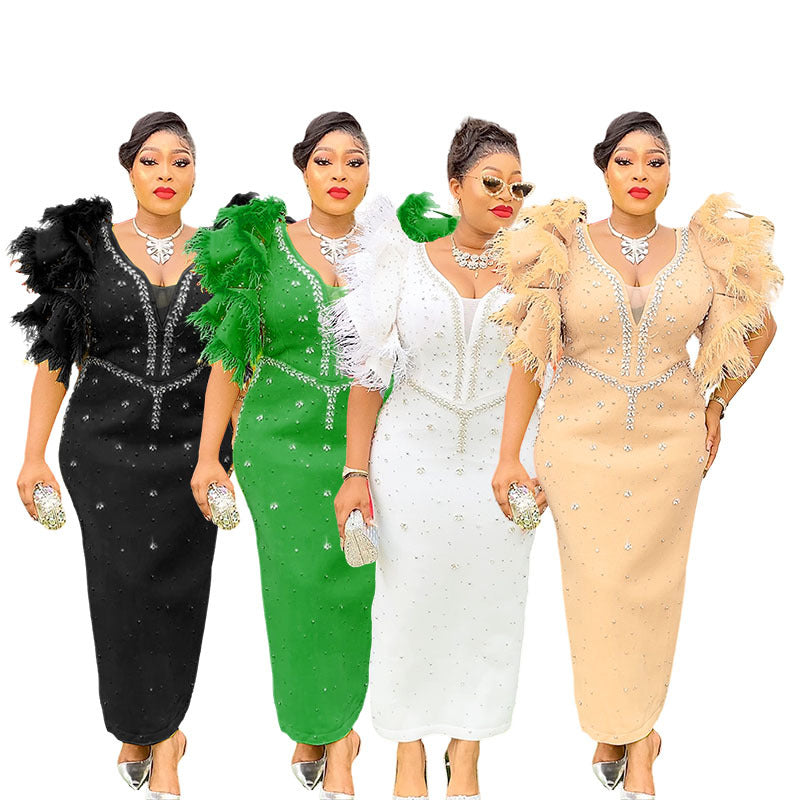 African women's mesh bodycon dress with rhinestone embellishments, elegant v-neck, long skirt, short sleeves - cross-border fashion wholesale