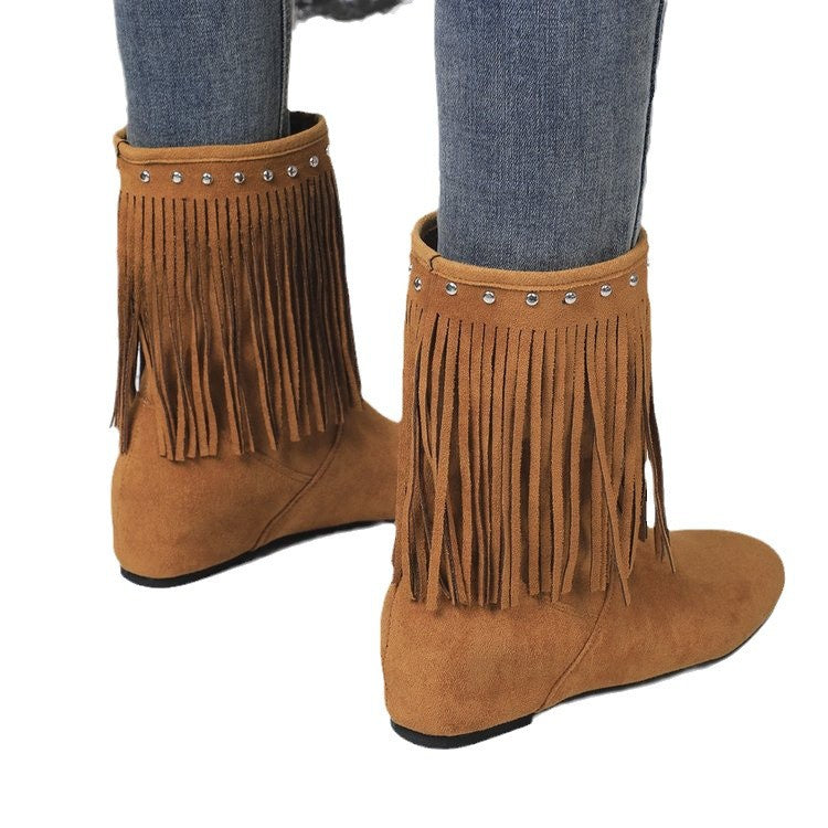 Plus size tassel boots exportautumnew arrivalfashion style suede v-mouth round toe hidden heel women's boots cross-border