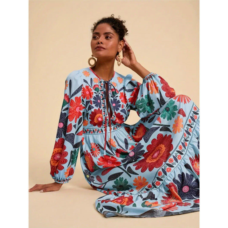 Shipped: cross-border e-commerce, , standalone store, printed maxi dress with long sleeves and tie-waist, casual style