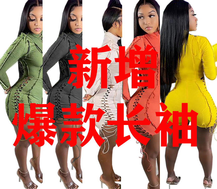 European and american cross-border women's fashion:  independent site, foreign trade, stylish, sexy, color block, solid color drawstring long sleeve jumpsuit