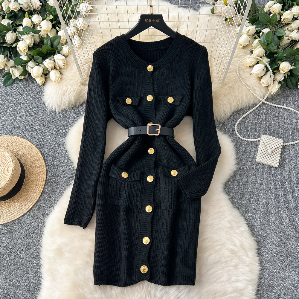 French chic chanel-inspired round neck cardigan knit dress - women's fitted waist inner layer sweater dress