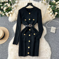 French chic chanel-inspired round neck cardigan knit dress - women's fitted waist inner layer sweater dress