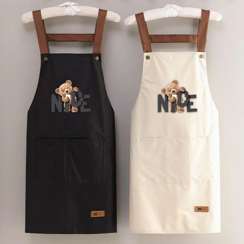 Apron waterproof oil-proof men's and women's kitchen cooking apron solid color casual strap big pocket restaurant work clothes plus