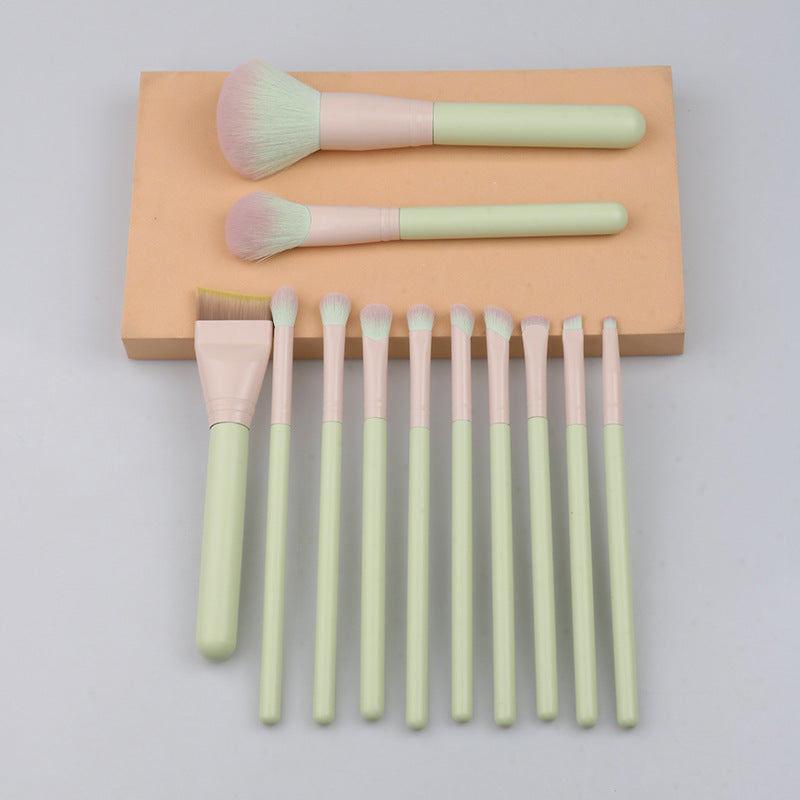 makeup brush set, 12-piece, featuring soft bristles, including a foundation brush, angled contour brush, and a complete set of makeup brushes
