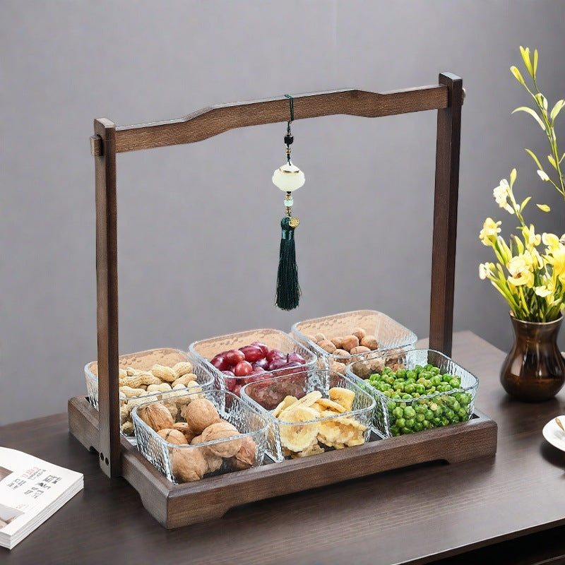 Luxury walnut wood-effect fruit & snack platter - home use, divided compartments, creative dried fruit dish, dessert glass bowl & fruit plate