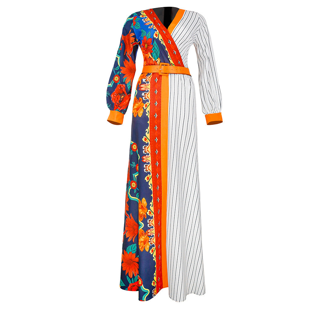 Amazon  printingv neckdress cross-border export african plus sizelong sleeves chiffon skirt with belt