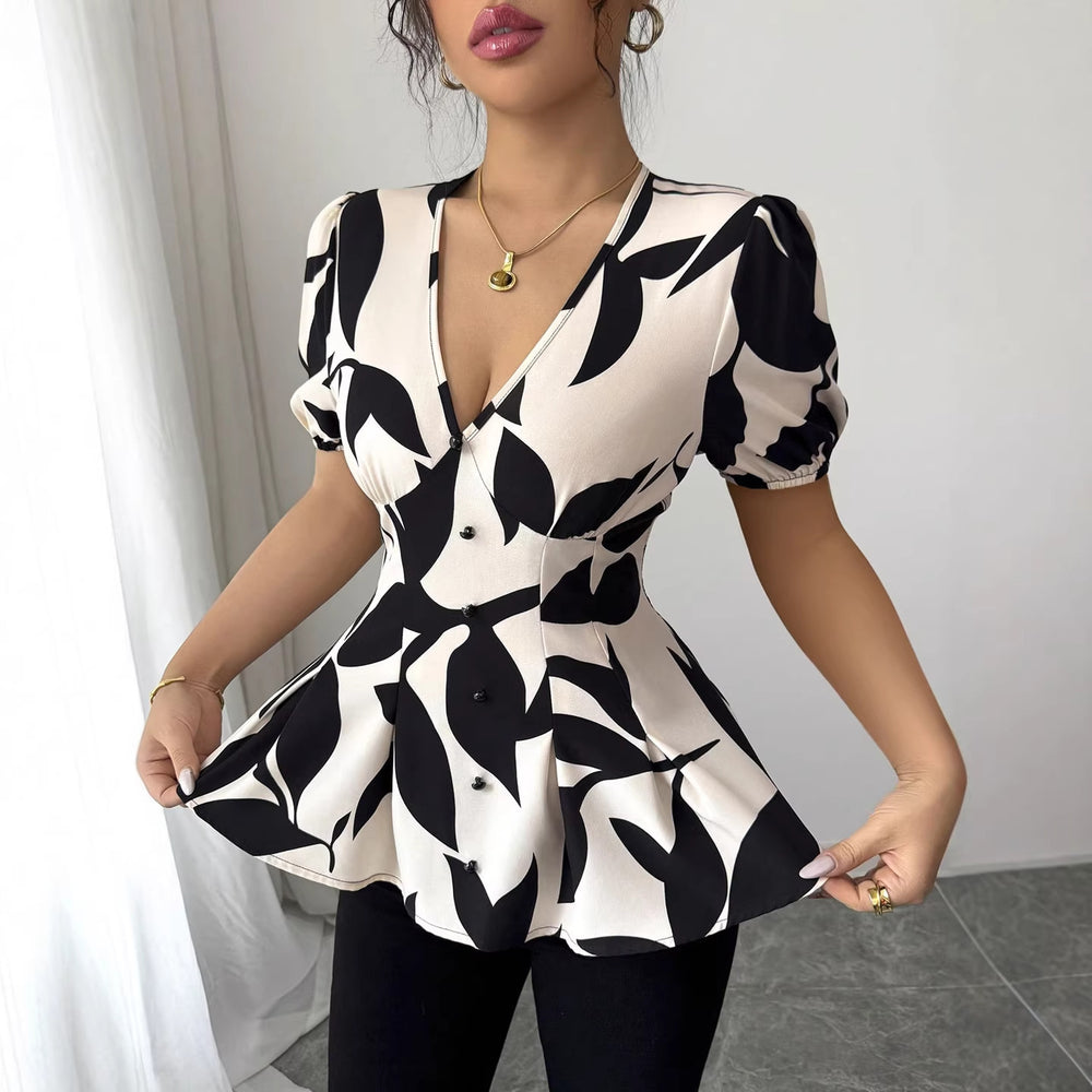 European and american cross-border women's summer  v-neck puff sleeve cinched waist printed design commuter blouse