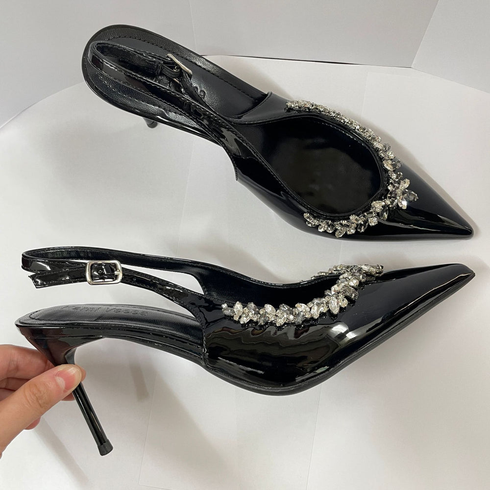 Yx high heels french 2026new arrival rhinestone pointed toe elegant high heels toe cap back empty one strap sandals sexy