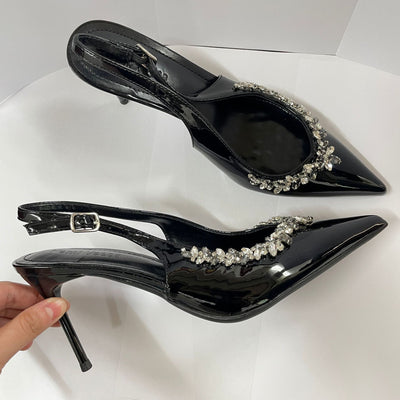 Yx high heels french 2026new arrival rhinestone pointed toe elegant high heels toe cap back empty one strap sandals sexy