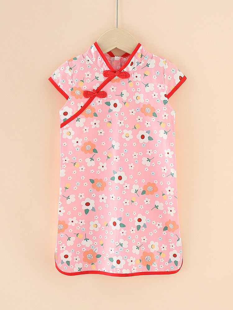 Pure cotton cheongsam-style ethnic girl's dress - short sleeve
