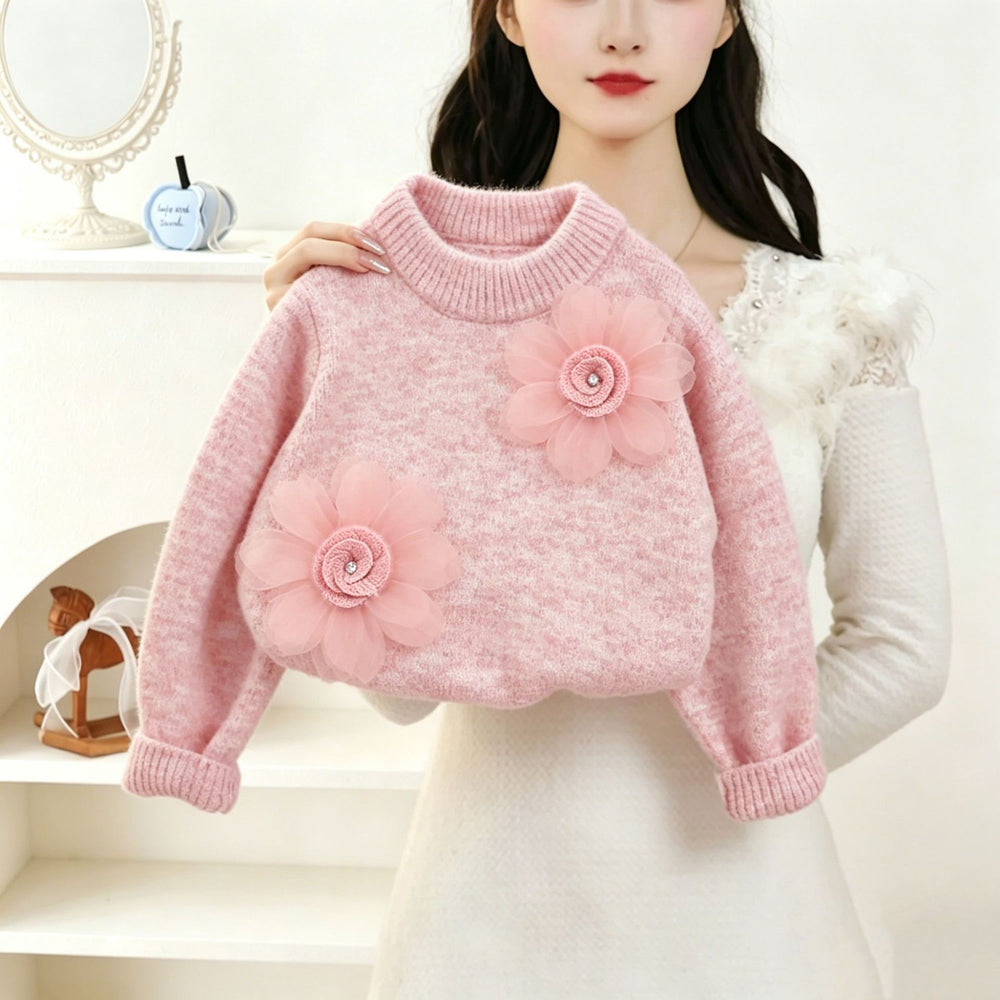 Girls' sweater - new autumn/winter  collection: stylish floral print crewneck knit top, korean style sweet princess design